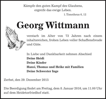 Traueranzeige von Georg Wittmann  von Magdeburger Volksstimme