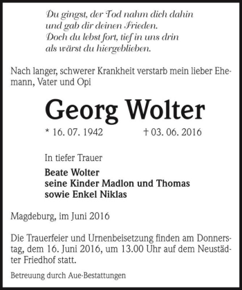 Traueranzeige von Georg Wolter  von Magdeburger Volksstimme