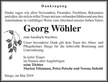 Traueranzeige von Georg Wöhler  von Magdeburger Volksstimme
