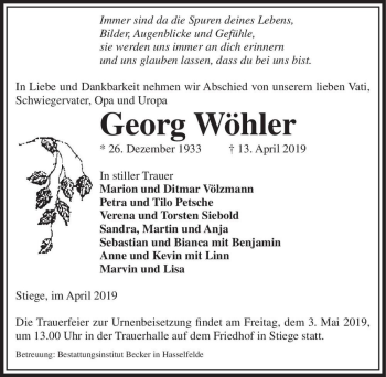 Traueranzeige von Georg Wöhler  von Magdeburger Volksstimme