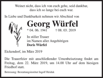 Traueranzeige von Georg Würfel  von Magdeburger Volksstimme