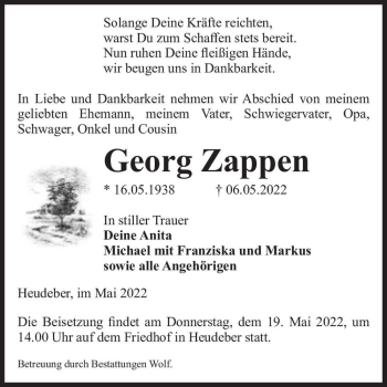 Traueranzeige von Georg Zappen  von Magdeburger Volksstimme