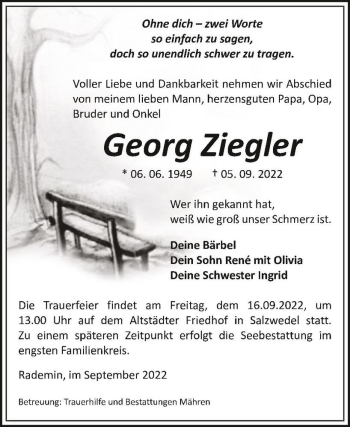 Traueranzeige von Georg Ziegler  von Magdeburger Volksstimme