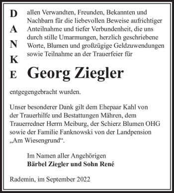 Traueranzeige von Georg Ziegler  von Magdeburger Volksstimme