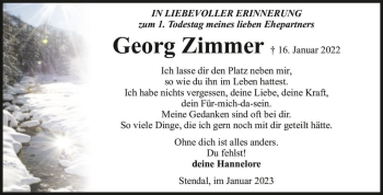 Traueranzeige von Georg Zimmer  von Magdeburger Volksstimme