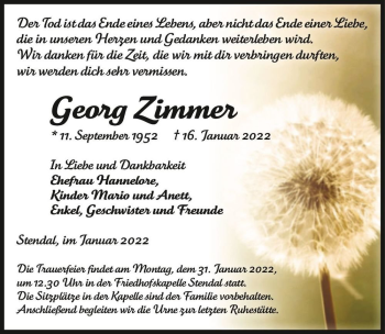 Traueranzeige von Georg Zimmer  von Magdeburger Volksstimme