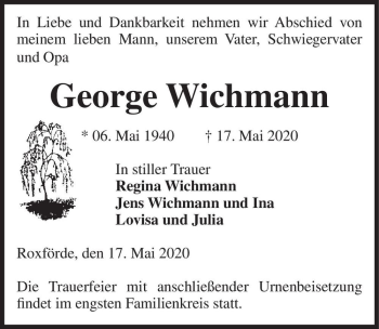 Traueranzeige von George Wichmann  von Magdeburger Volksstimme