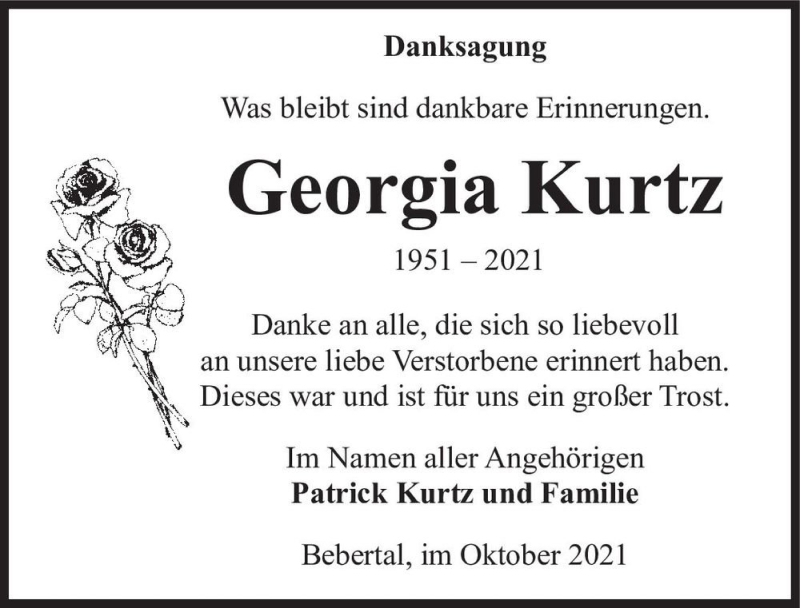 Traueranzeige für Georgia Kurtz  vom 30.10.2021 aus Magdeburger Volksstimme