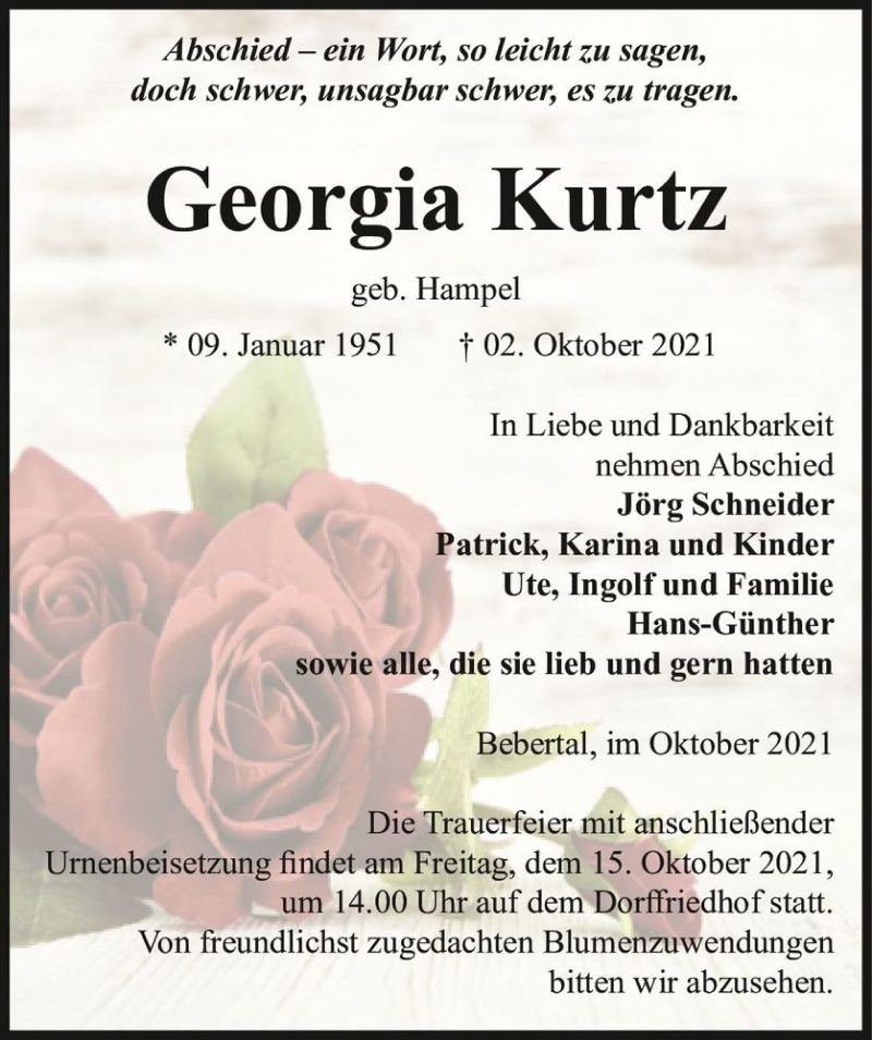  Traueranzeige für Georgia Kurtz (geb. Hampel)  vom 09.10.2021 aus Magdeburger Volksstimme