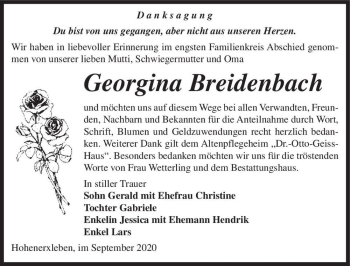 Traueranzeige von Georgina Breidenbach  von Magdeburger Volksstimme