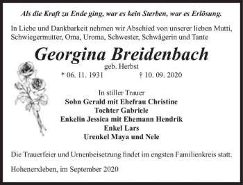 Traueranzeige von Georgina Breidenbach (geb. Herbst)  von Magdeburger Volksstimme