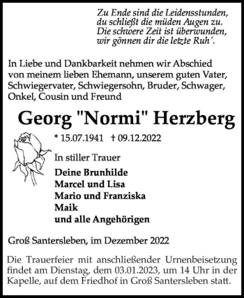 Traueranzeige von Georg “Normi“ Herzberg  von Magdeburger Volksstimme