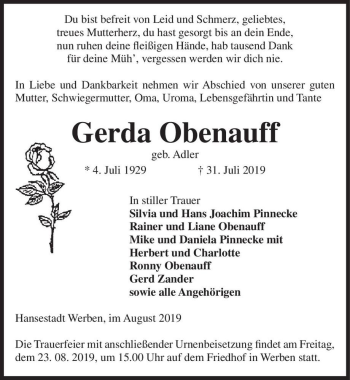 Traueranzeige von Gera Obenauff (geb. Adler)  von Magdeburger Volksstimme
