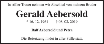 Traueranzeige von Gerald Aebersold  von Magdeburger Volksstimme