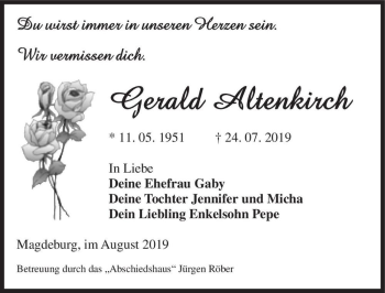 Traueranzeige von Gerald Altenkirch  von Magdeburger Volksstimme