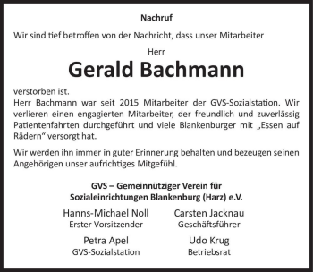 Traueranzeige von Gerald Bachmann  von Magdeburger Volksstimme