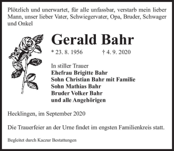 Traueranzeige von Gerald Bahr  von Magdeburger Volksstimme