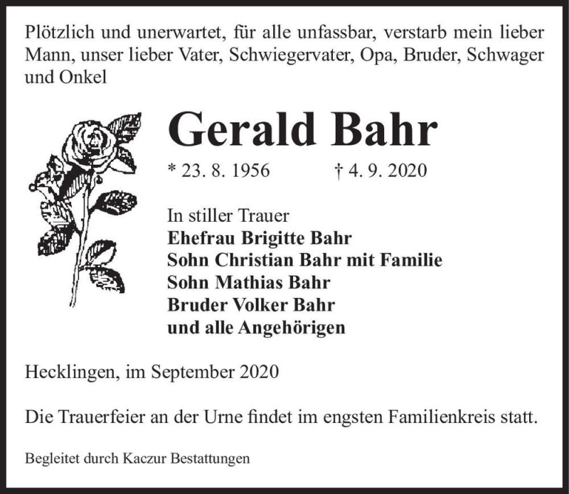  Traueranzeige für Gerald Bahr  vom 09.09.2020 aus Magdeburger Volksstimme