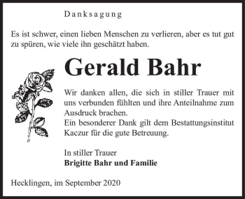 Traueranzeige von Gerald Bahr  von Magdeburger Volksstimme