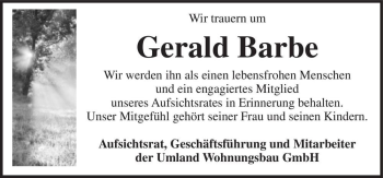 Traueranzeige von Gerald Barbe  von Magdeburger Volksstimme