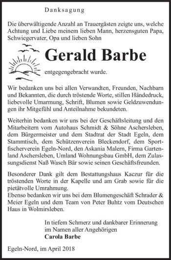 Traueranzeige von Gerald Barbe  von Magdeburger Volksstimme