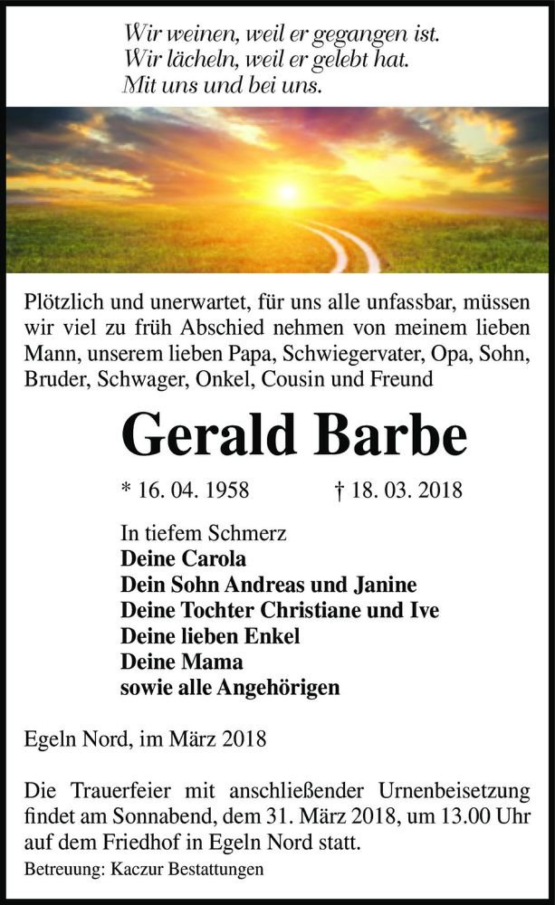  Traueranzeige für Gerald Barbe  vom 24.03.2018 aus Magdeburger Volksstimme