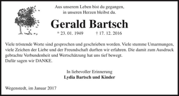 Traueranzeige von Gerald Bartsch  von Magdeburger Volksstimme