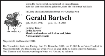 Traueranzeige von Gerald Bartsch  von Magdeburger Volksstimme
