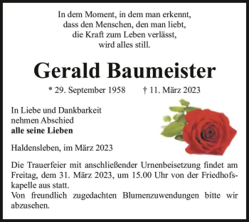 Traueranzeige von Gerald Baumeister  von Magdeburger Volksstimme