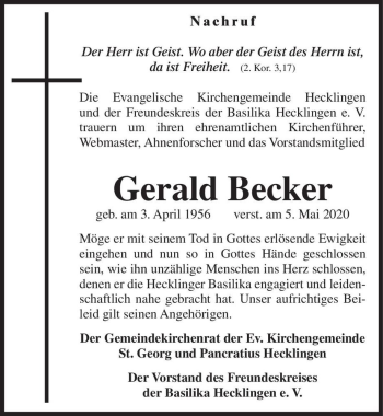 Traueranzeige von Gerald Becker  von Magdeburger Volksstimme