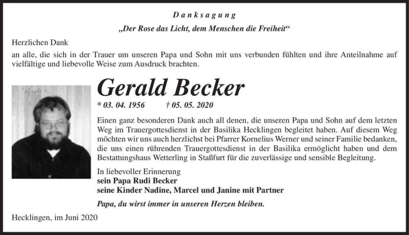  Traueranzeige für Gerald Becker  vom 13.06.2020 aus Magdeburger Volksstimme