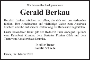 Traueranzeige von Gerald Berkau  von Magdeburger Volksstimme