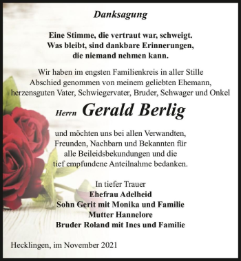 Traueranzeige von Gerald Berlig  von Magdeburger Volksstimme