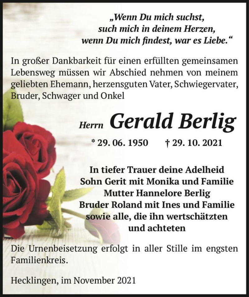  Traueranzeige für Gerald Berlig  vom 06.11.2021 aus Magdeburger Volksstimme