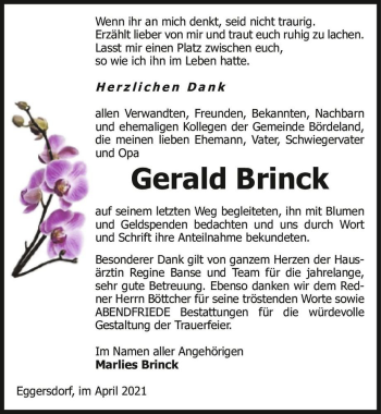Traueranzeige von Gerald Brinck  von Magdeburger Volksstimme