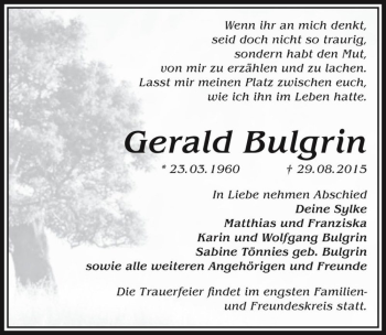 Traueranzeige von Gerald Bulgrin  von Magdeburger Volksstimme