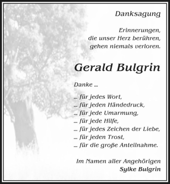 Traueranzeige von Gerald Bulgrin  von Magdeburger Volksstimme