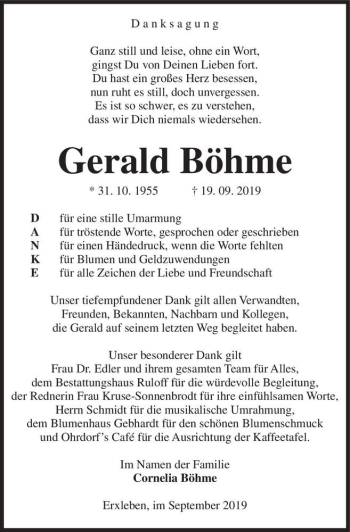 Traueranzeige von Gerald Böhme  von Magdeburger Volksstimme