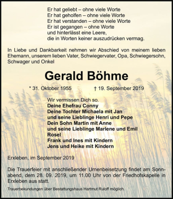 Traueranzeige von Gerald Böhme  von Magdeburger Volksstimme