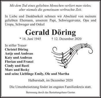 Traueranzeige von Gerald Döring  von Magdeburger Volksstimme