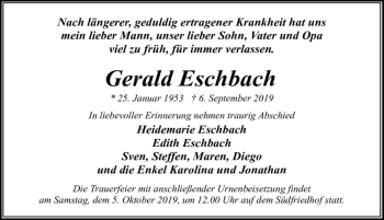 Traueranzeige von Gerald Eschbach  von Magdeburger Volksstimme