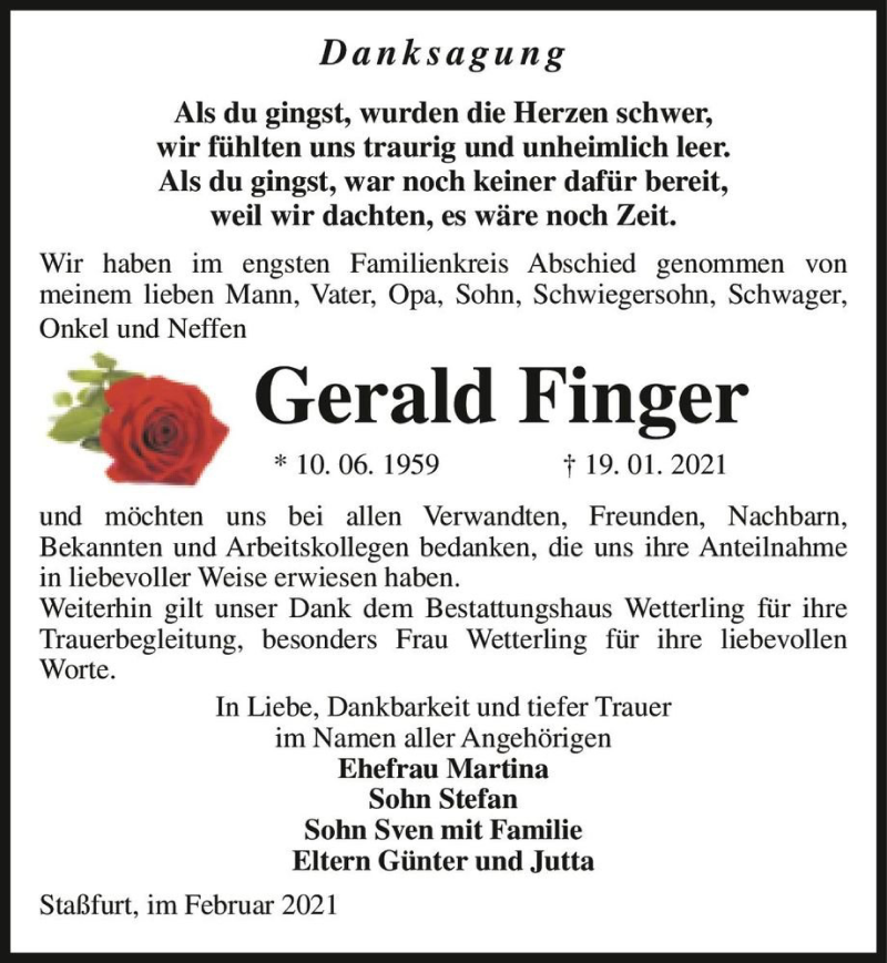  Traueranzeige für Gerald Finger  vom 13.02.2021 aus Magdeburger Volksstimme