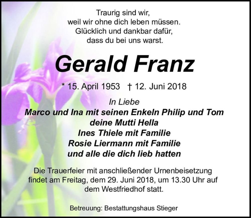  Traueranzeige für Gerald Franz  vom 23.06.2018 aus Magdeburger Volksstimme