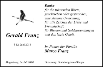 Traueranzeige von Gerald Franz  von Magdeburger Volksstimme