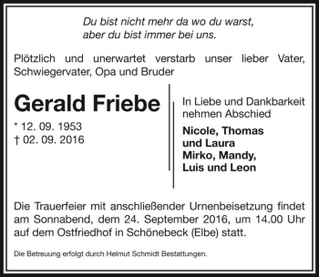 Traueranzeige von Gerald Friebe  von Magdeburger Volksstimme