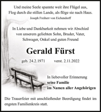 Traueranzeige von Gerald Fürst  von Magdeburger Volksstimme