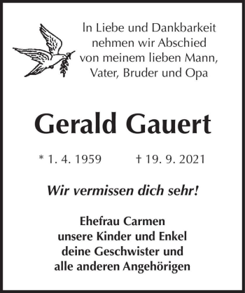 Traueranzeige von Gerald Gauert  von Magdeburger Volksstimme