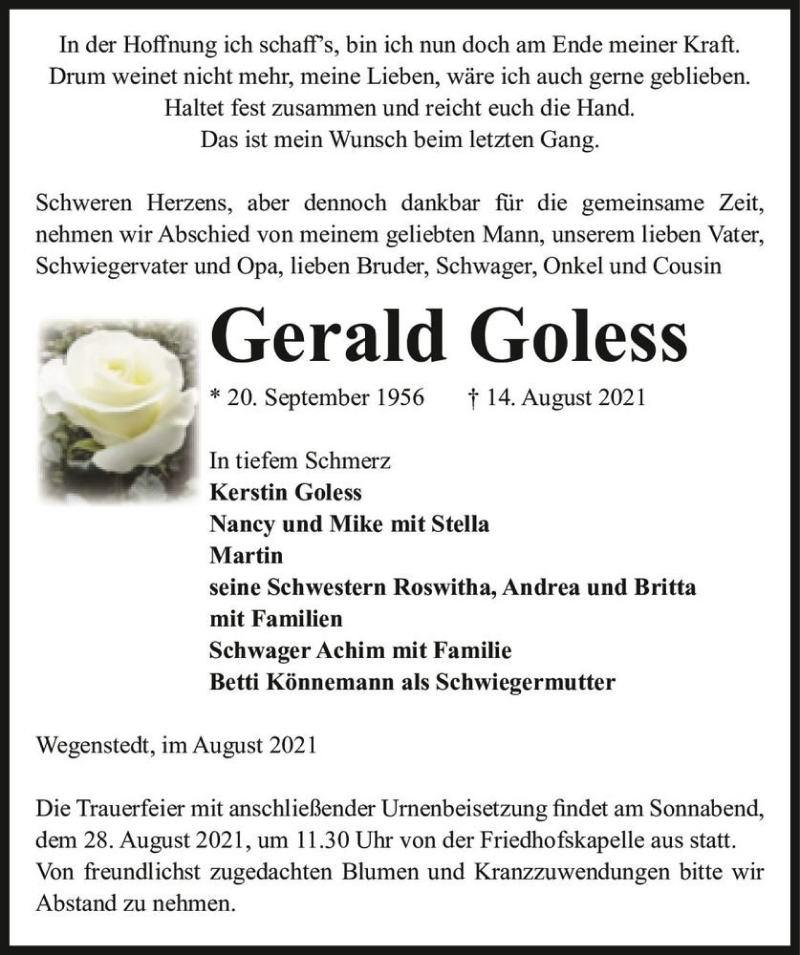  Traueranzeige für Gerald Goless  vom 18.08.2021 aus Magdeburger Volksstimme