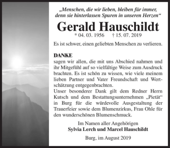 Traueranzeige von Gerald Hauschildt  von Magdeburger Volksstimme