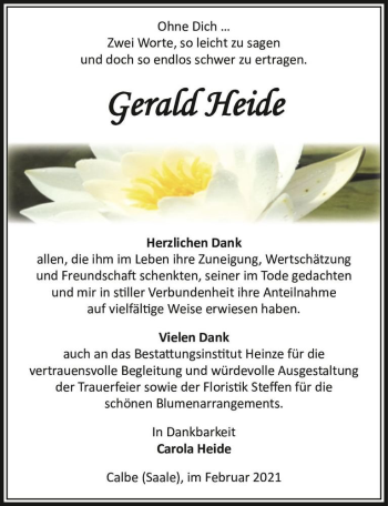 Traueranzeige von Gerald Heide  von Magdeburger Volksstimme